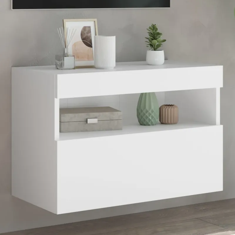 Sieninė TV spintelė su LED lemputėmis, balta, 60x30x40cm