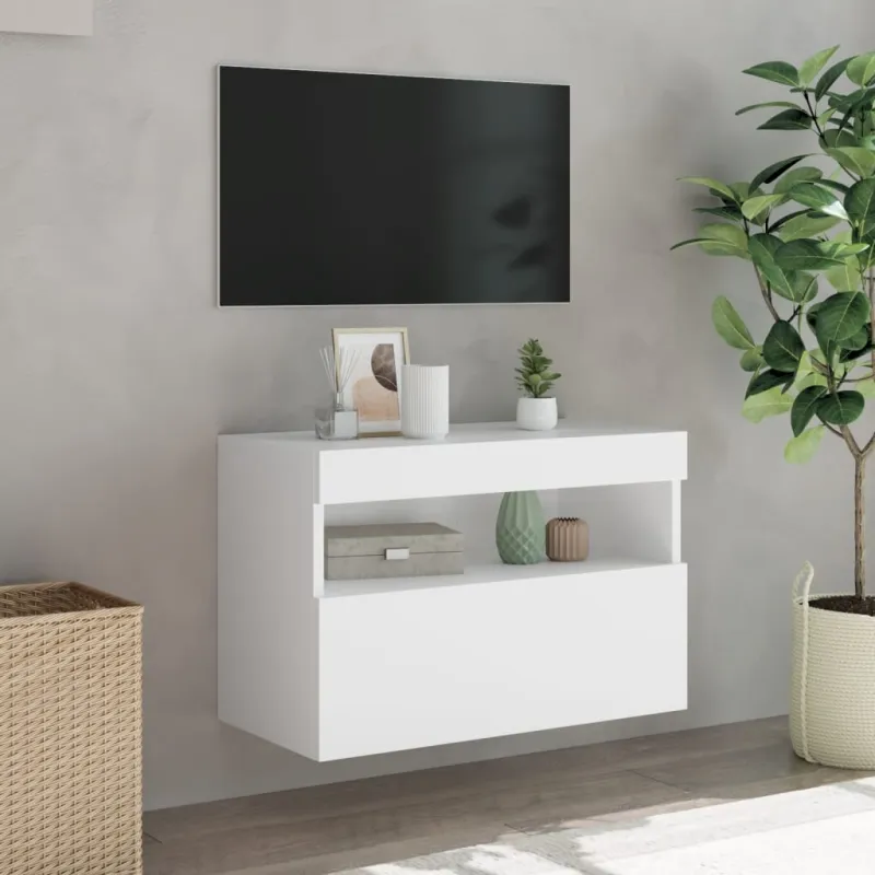 Sieninė TV spintelė su LED lemputėmis, balta, 60x30x40cm