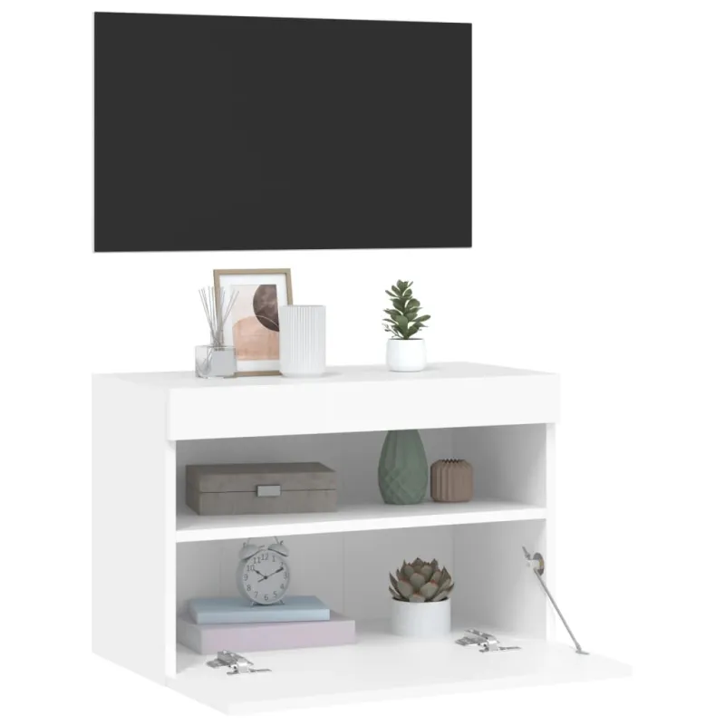 Sieninė TV spintelė su LED lemputėmis, balta, 60x30x40cm