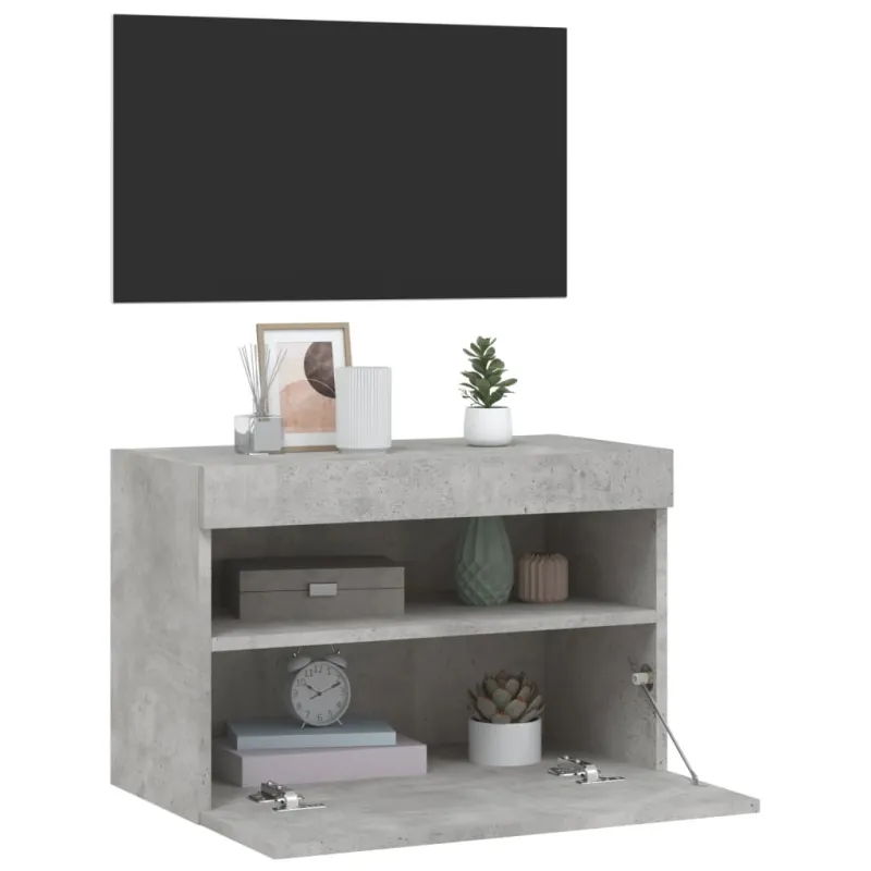Sieninė TV spintelė su LED lemputėmis, betono pilka, 60x30x40cm
