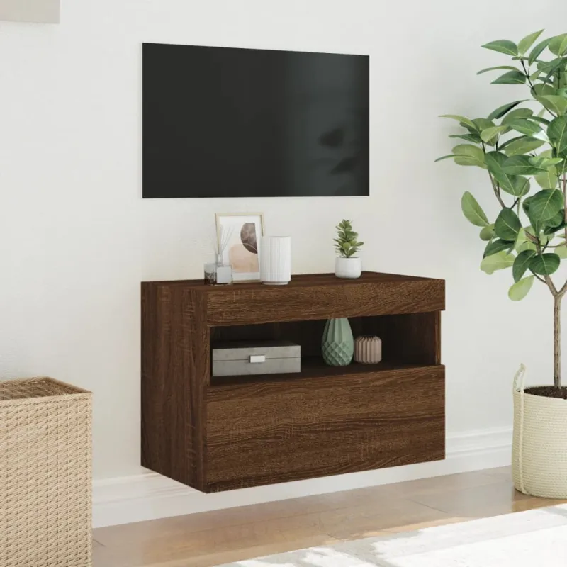 Sieninė TV spintelė su LED lemputėmis, ruda ąžuolo, 60x30x40cm