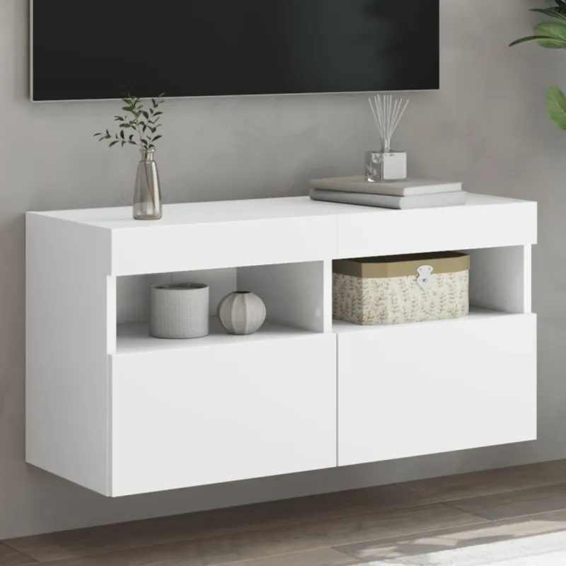 Sieninė TV spintelė su LED lemputėmis, balta, 80x30x40cm