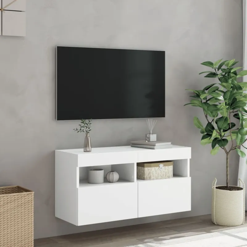 Sieninė TV spintelė su LED lemputėmis, balta, 80x30x40cm