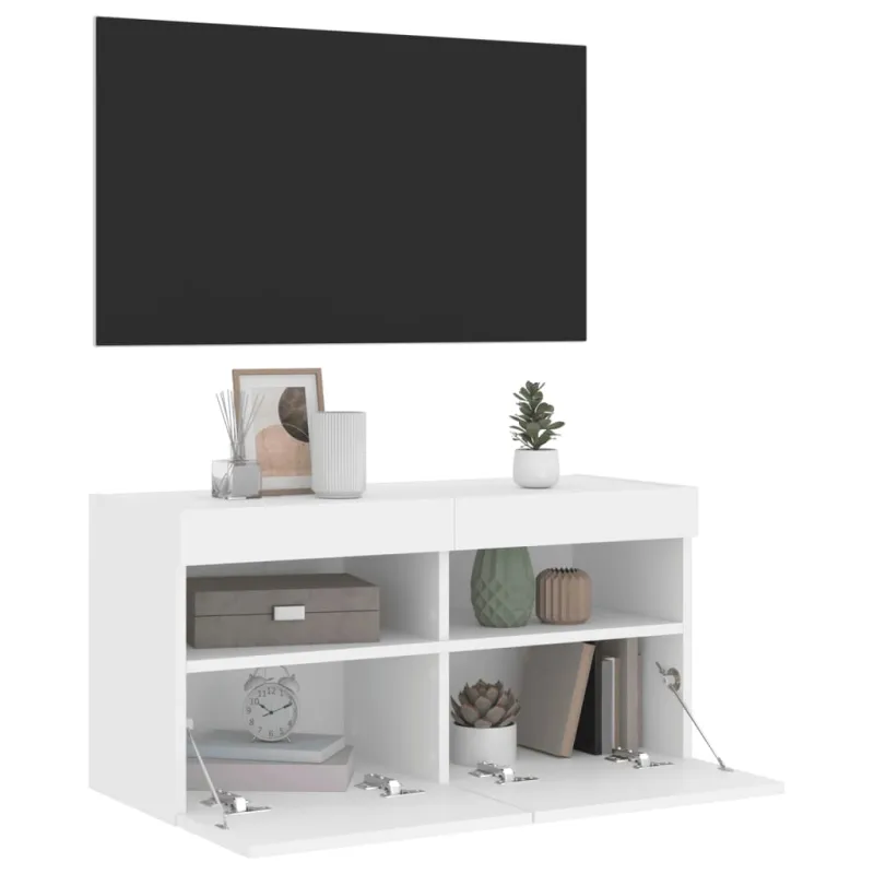 Sieninė TV spintelė su LED lemputėmis, balta, 80x30x40cm