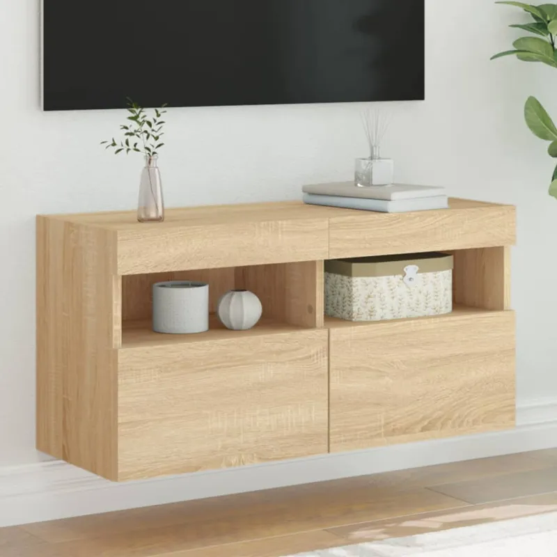 Sieninė TV spintelė su LED lemputėmis, ąžuolo, 80x30x40cm