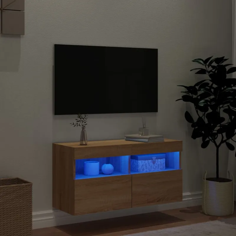 Sieninė TV spintelė su LED lemputėmis, ąžuolo, 80x30x40cm