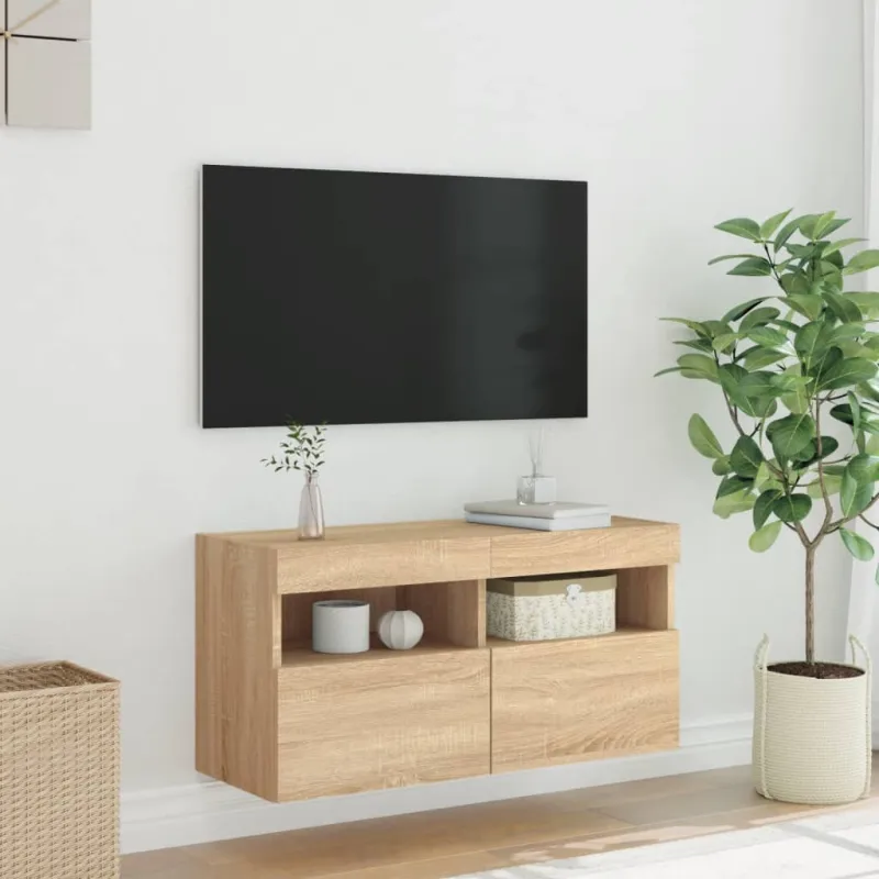 Sieninė TV spintelė su LED lemputėmis, ąžuolo, 80x30x40cm