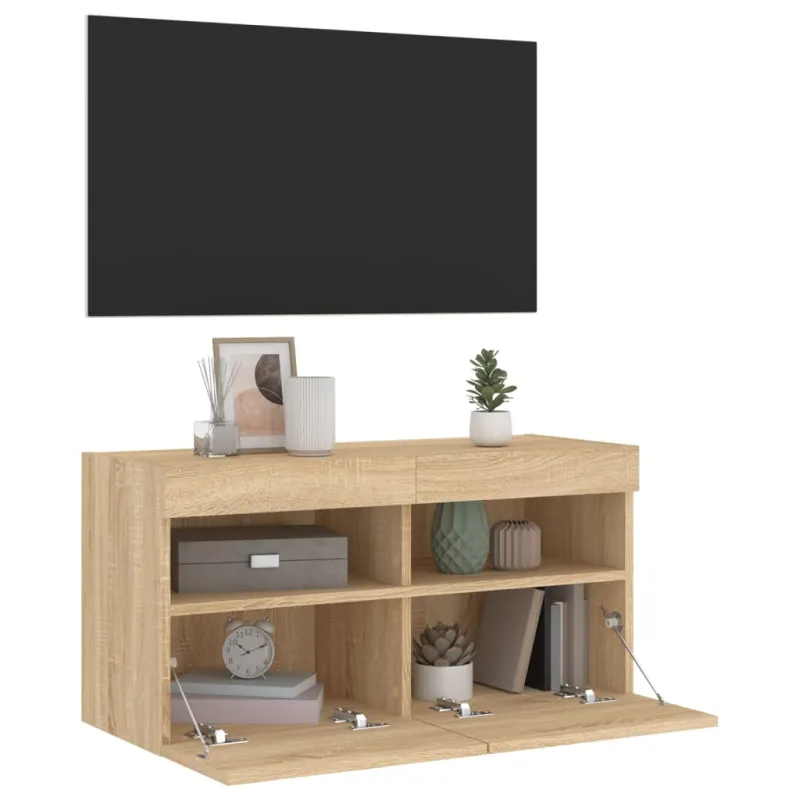 Sieninė TV spintelė su LED lemputėmis, ąžuolo, 80x30x40cm
