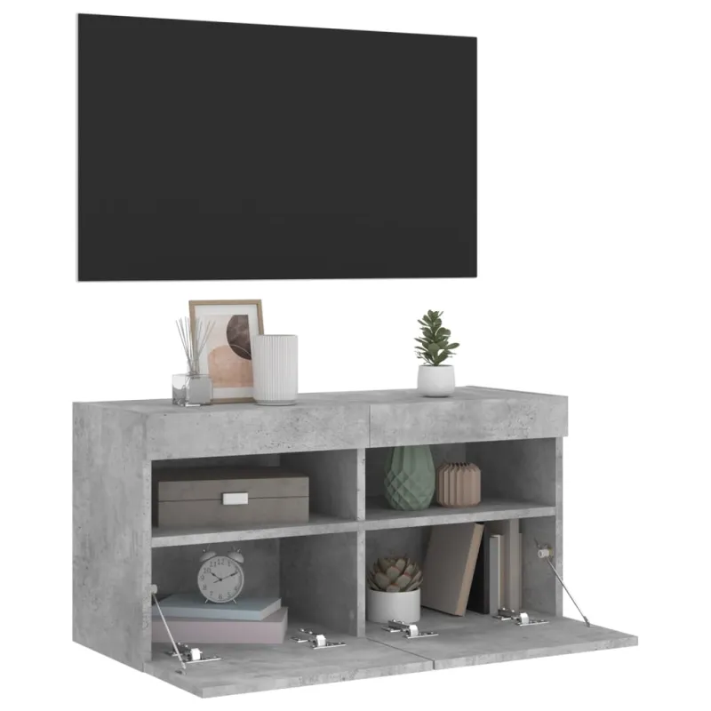 Sieninė TV spintelė su LED lemputėmis, betono pilka, 80x30x40cm