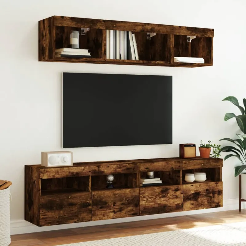Sieninė TV spintelė su LED lemputėmis, dūminė, 80x30x40cm