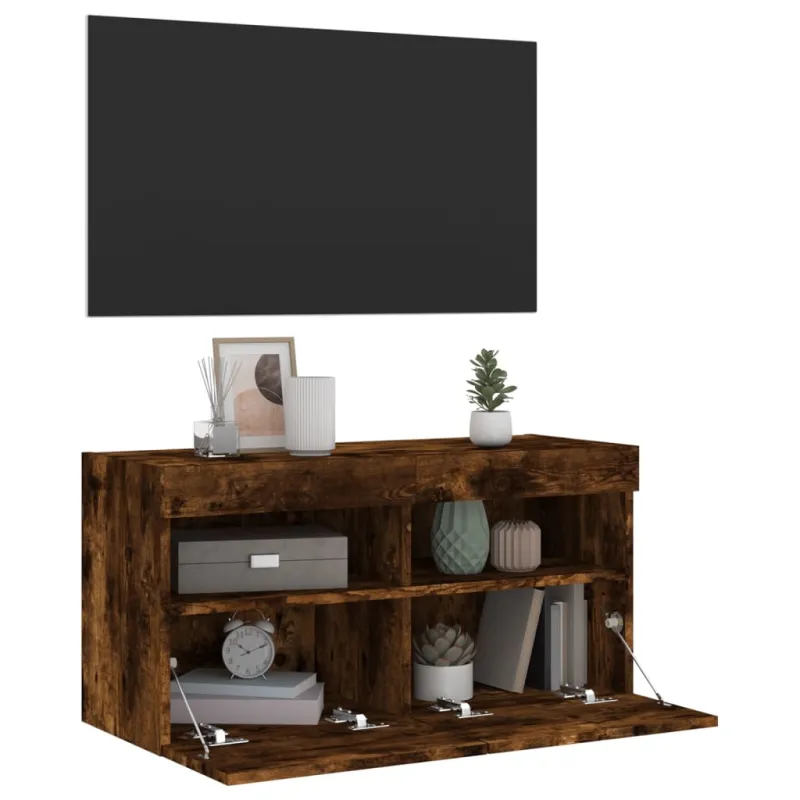 Sieninė TV spintelė su LED lemputėmis, dūminė, 80x30x40cm