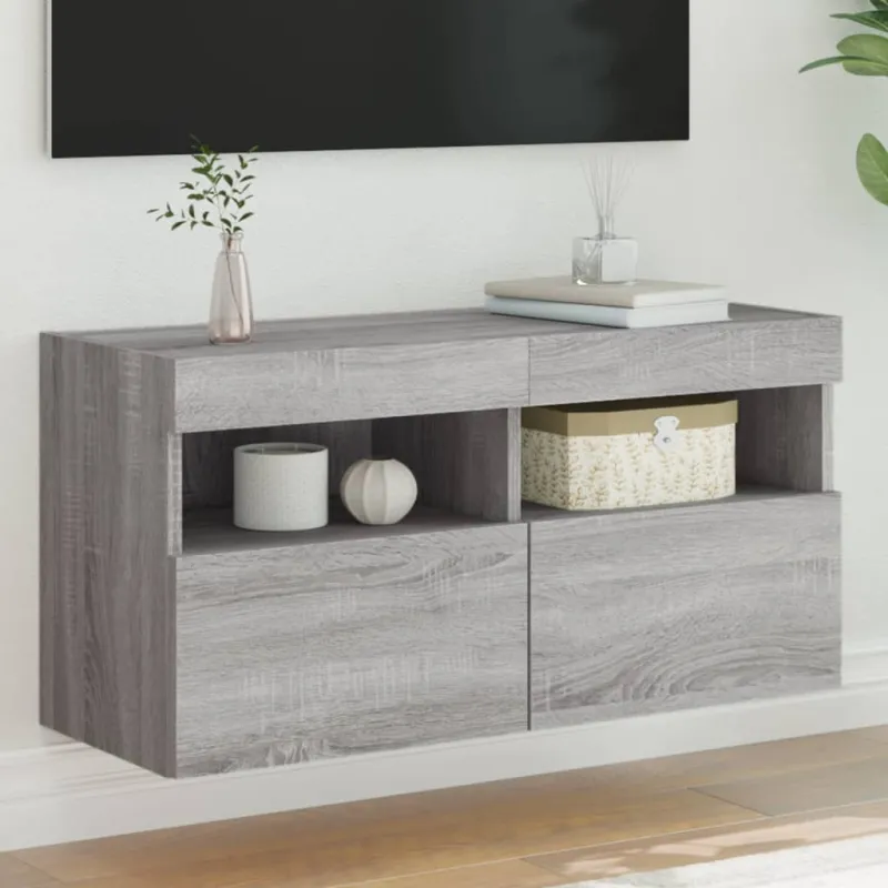 Sieninė TV spintelė su LED lemputėmis, pilka ąžuolo, 80x30x40cm
