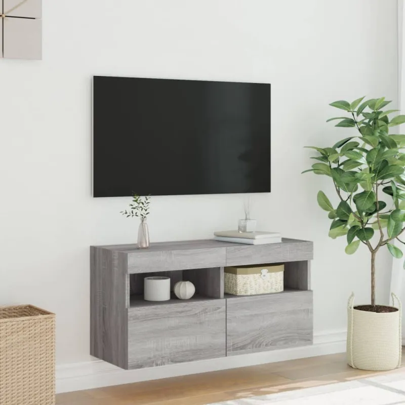 Sieninė TV spintelė su LED lemputėmis, pilka ąžuolo, 80x30x40cm