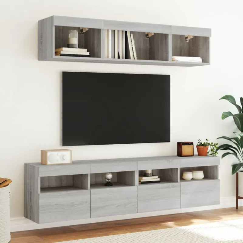 Sieninė TV spintelė su LED lemputėmis, pilka ąžuolo, 80x30x40cm