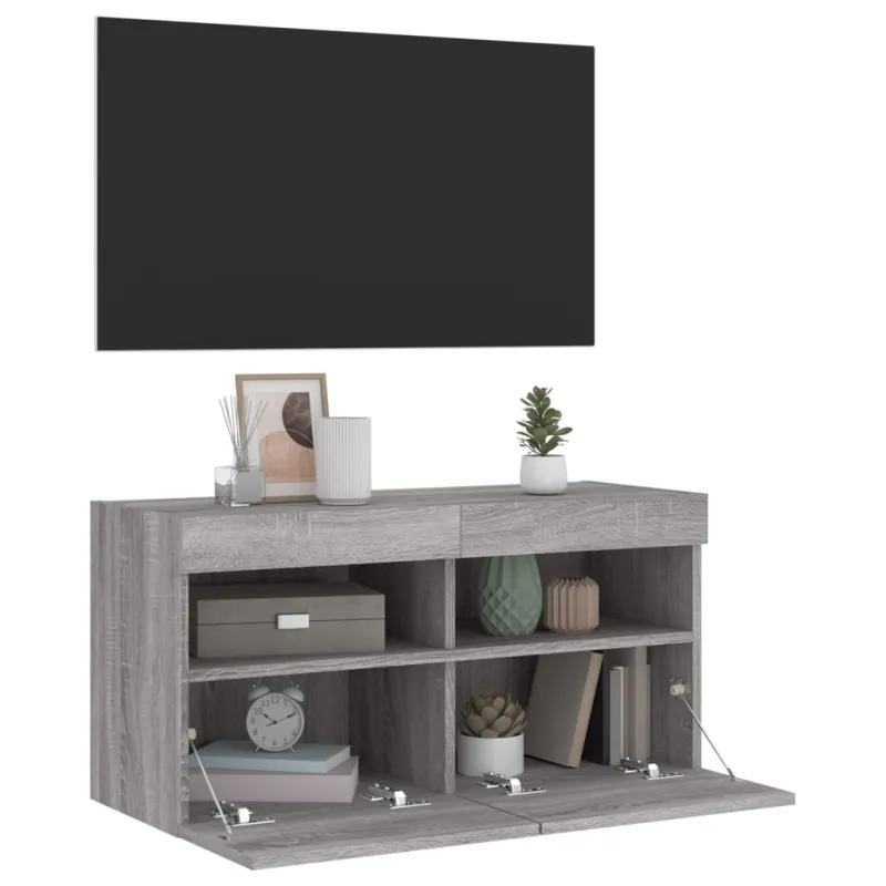 Sieninė TV spintelė su LED lemputėmis, pilka ąžuolo, 80x30x40cm