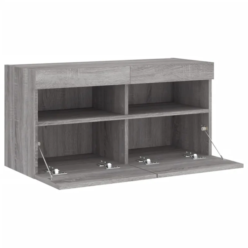 Sieninė TV spintelė su LED lemputėmis, pilka ąžuolo, 80x30x40cm