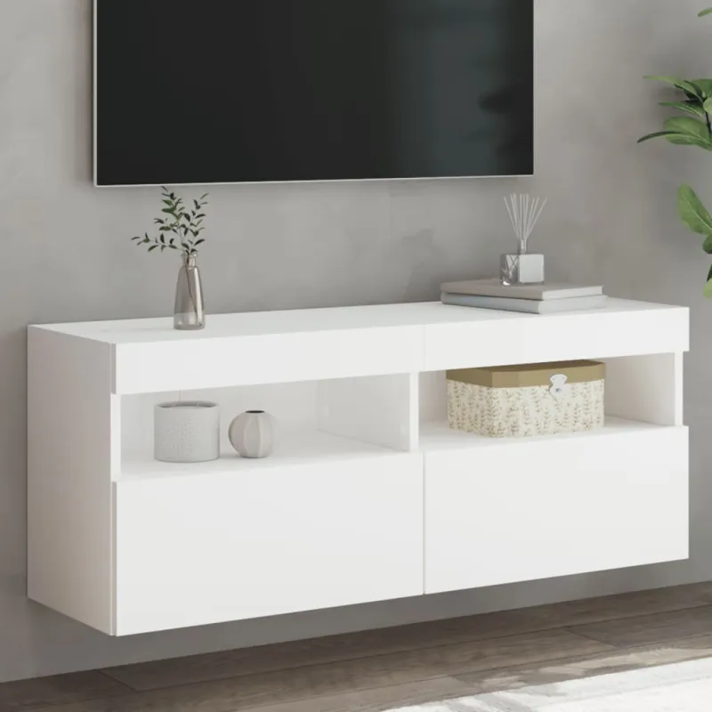 Sieninė TV spintelė su LED lemputėmis, balta, 100x30x40cm