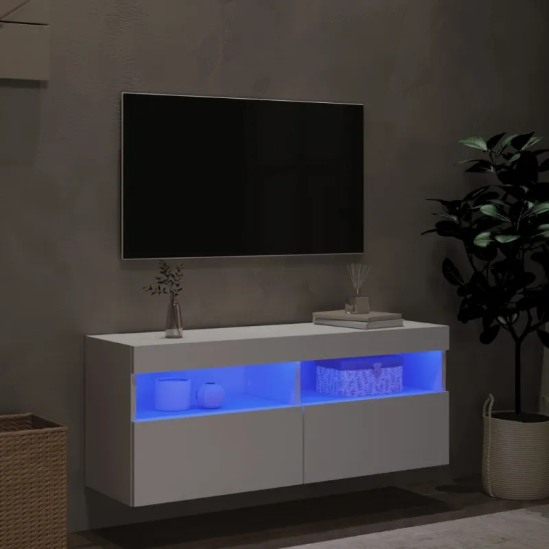 Sieninė TV spintelė su LED lemputėmis, balta, 100x30x40cm