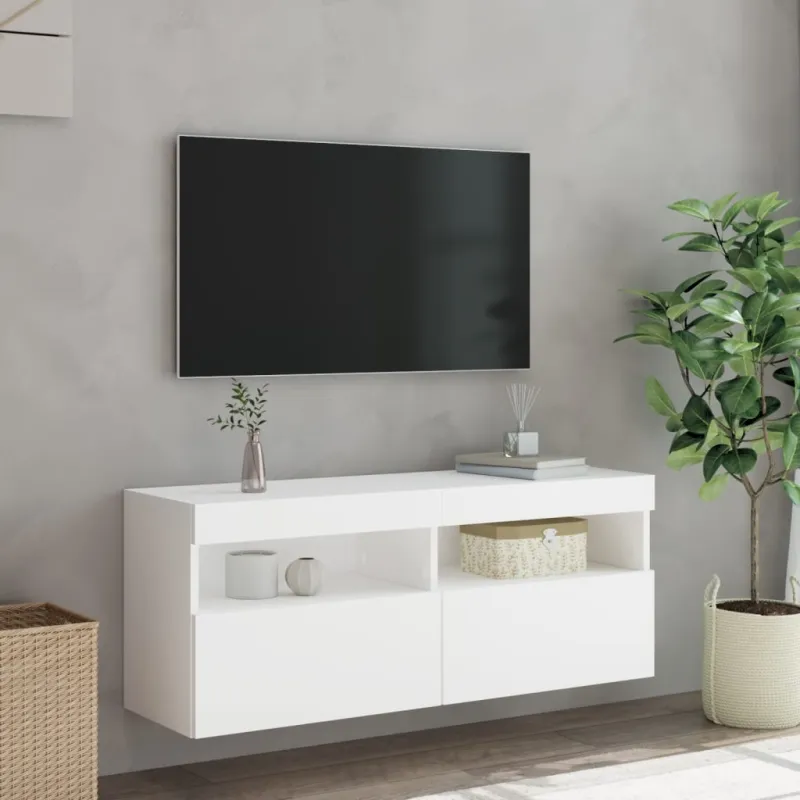 Sieninė TV spintelė su LED lemputėmis, balta, 100x30x40cm