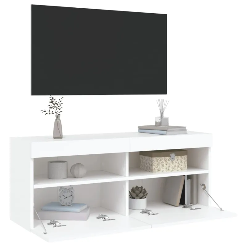 Sieninė TV spintelė su LED lemputėmis, balta, 100x30x40cm