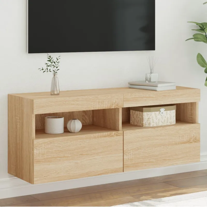 Sieninė TV spintelė su LED lemputėmis, ąžuolo, 100x30x40cm