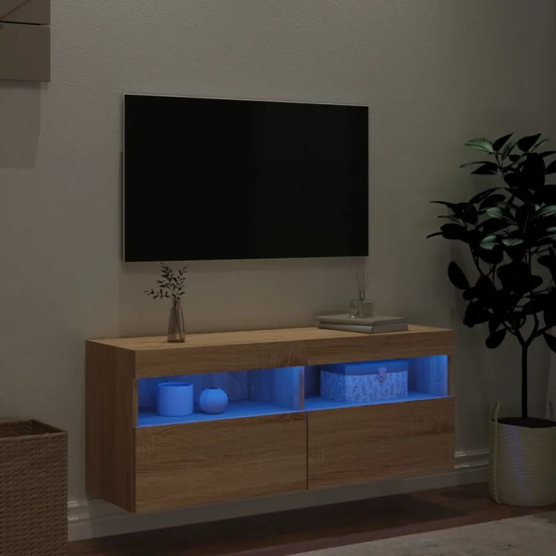 Sieninė TV spintelė su LED lemputėmis, ąžuolo, 100x30x40cm