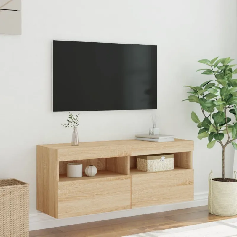 Sieninė TV spintelė su LED lemputėmis, ąžuolo, 100x30x40cm