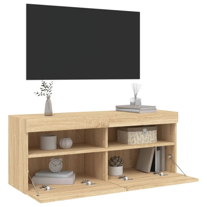 Sieninė TV spintelė su LED lemputėmis, ąžuolo, 100x30x40cm