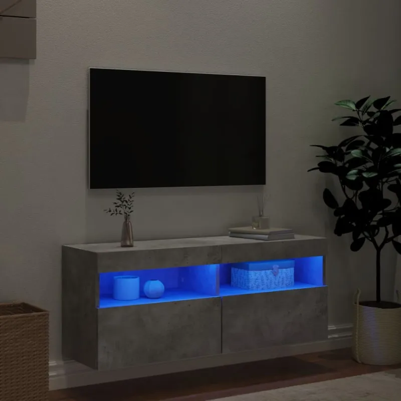 Sieninė TV spintelė su LED lemputėmis, betono, 100x30x40cm