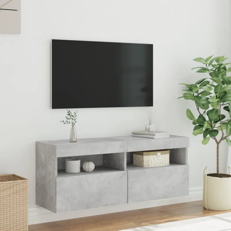 Sieninė TV spintelė su LED lemputėmis, betono, 100x30x40cm
