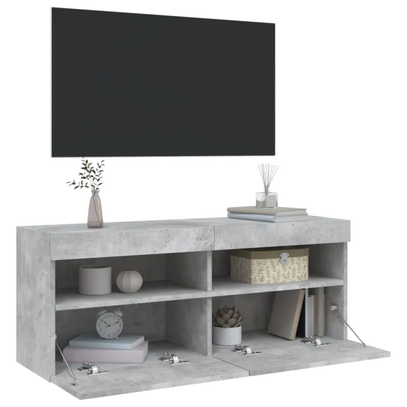 Sieninė TV spintelė su LED lemputėmis, betono, 100x30x40cm