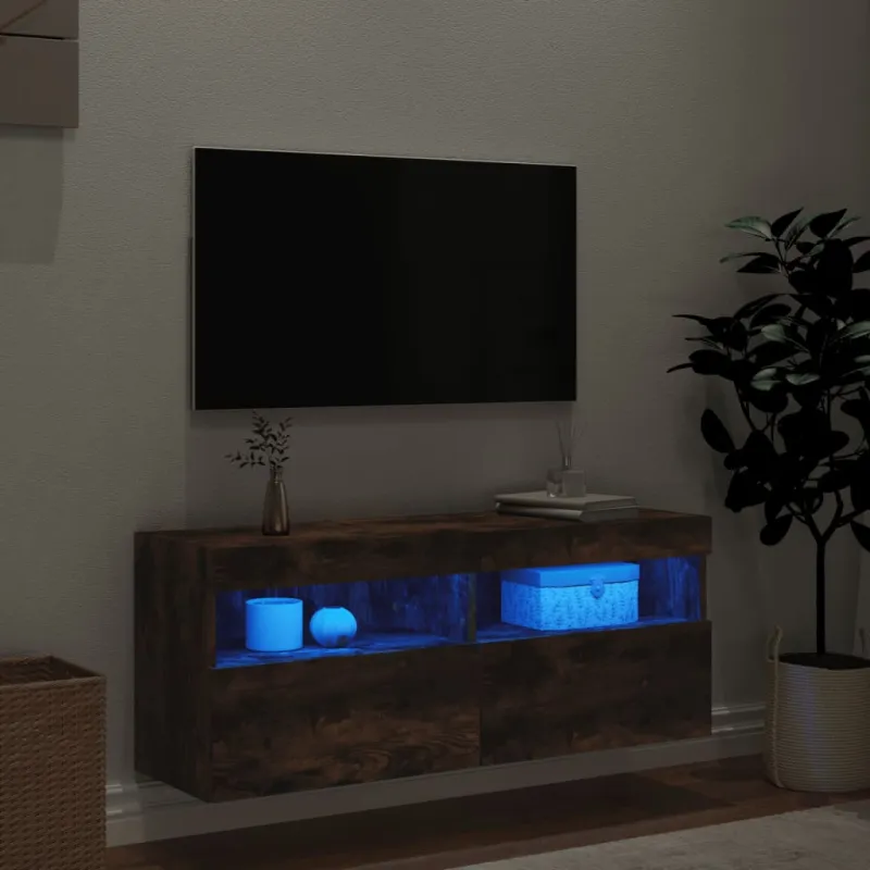 Sieninė TV spintelė su LED lemputėmis, dūminė, 100x30x40cm