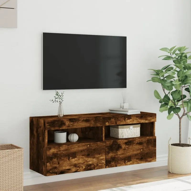 Sieninė TV spintelė su LED lemputėmis, dūminė, 100x30x40cm