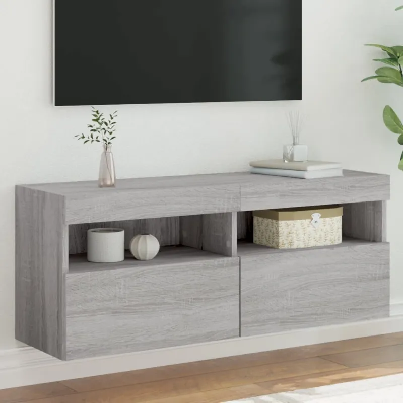 Sieninė TV spintelė su LED lemputėmis, pilka, 100x30x40cm