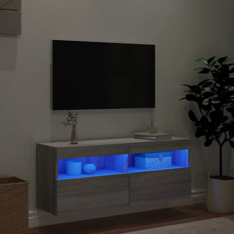 Sieninė TV spintelė su LED lemputėmis, pilka, 100x30x40cm