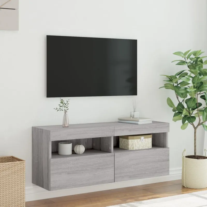 Sieninė TV spintelė su LED lemputėmis, pilka, 100x30x40cm