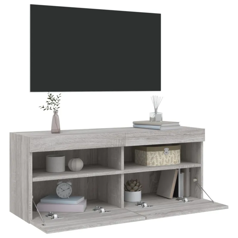 Sieninė TV spintelė su LED lemputėmis, pilka, 100x30x40cm
