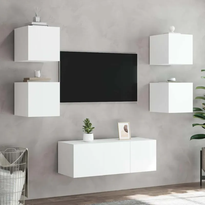 Sieninė TV spintelė su LED lemputėmis, balta, 30,5x35x30cm