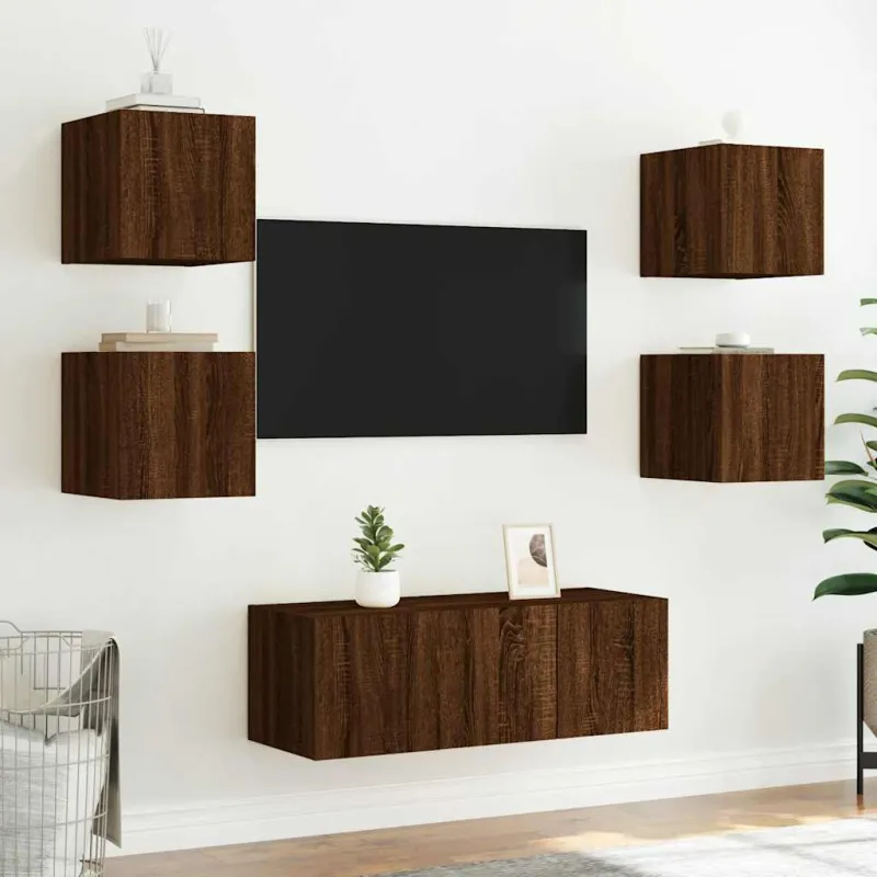 Sieninė TV spintelė su LED lemputėmis, ruda, 30,5x35x30cm