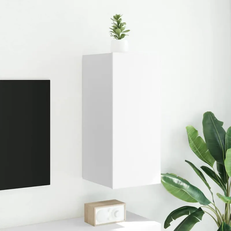 Sieninė TV spintelė su LED lemputėmis, balta, 30,5x35x70cm