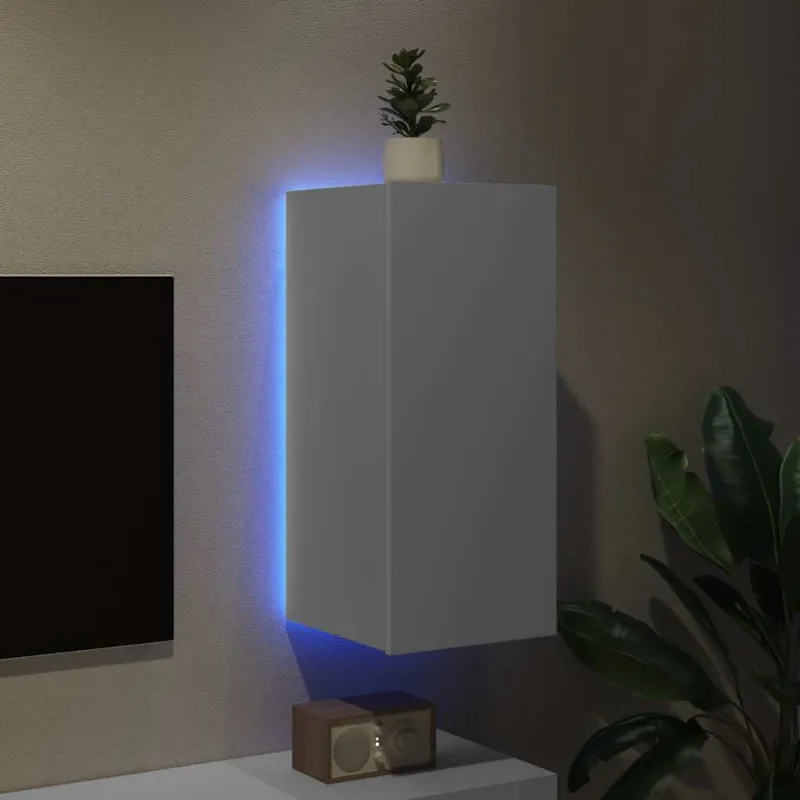 Sieninė TV spintelė su LED lemputėmis, balta, 30,5x35x70cm