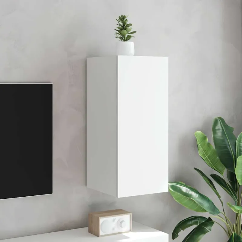Sieninė TV spintelė su LED lemputėmis, balta, 30,5x35x70cm