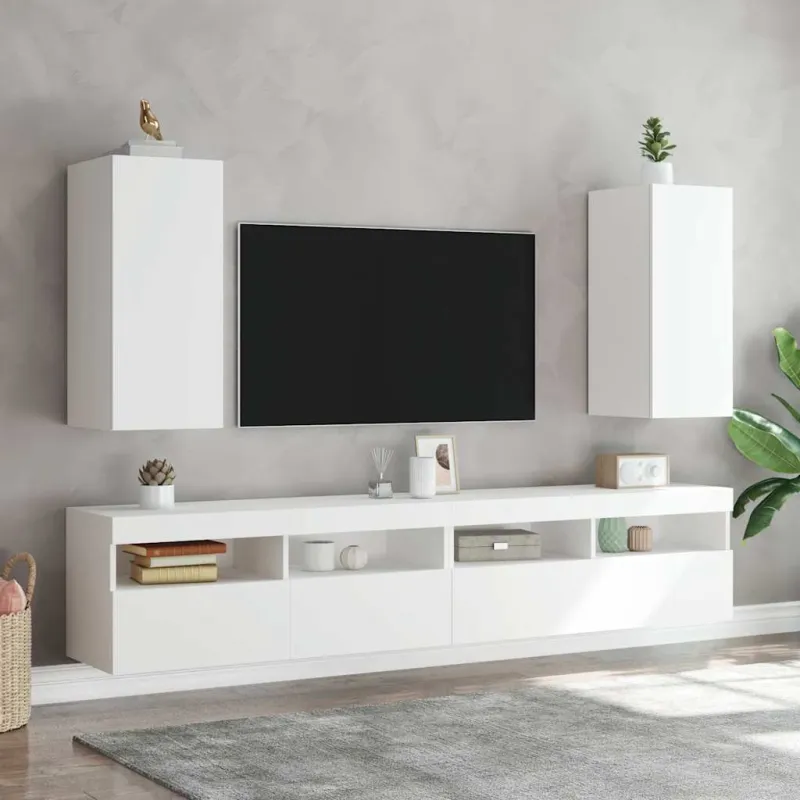 Sieninė TV spintelė su LED lemputėmis, balta, 30,5x35x70cm