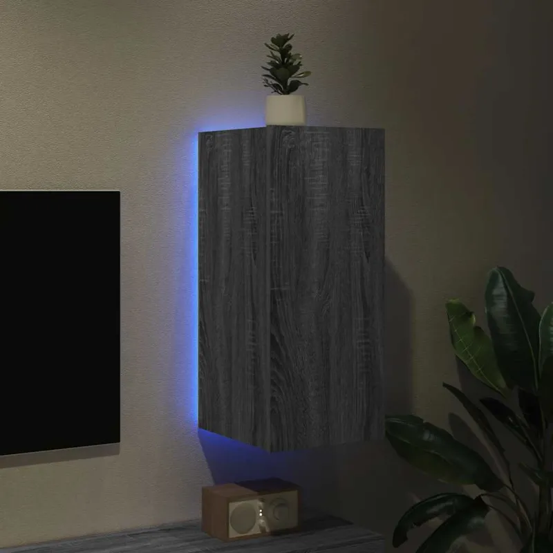 Sieninė TV spintelė su LED lemputėmis, pilka, 30,5x35x70cm