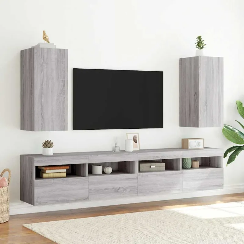 Sieninė TV spintelė su LED lemputėmis, pilka, 30,5x35x70cm