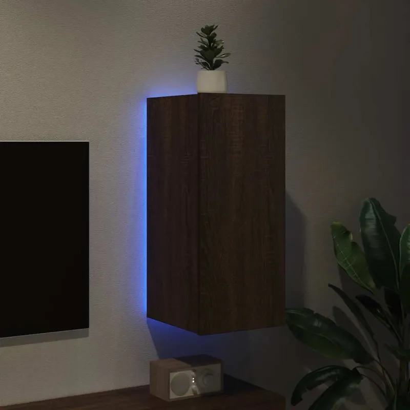Sieninė TV spintelė su LED lemputėmis, ruda, 30,5x35x70cm
