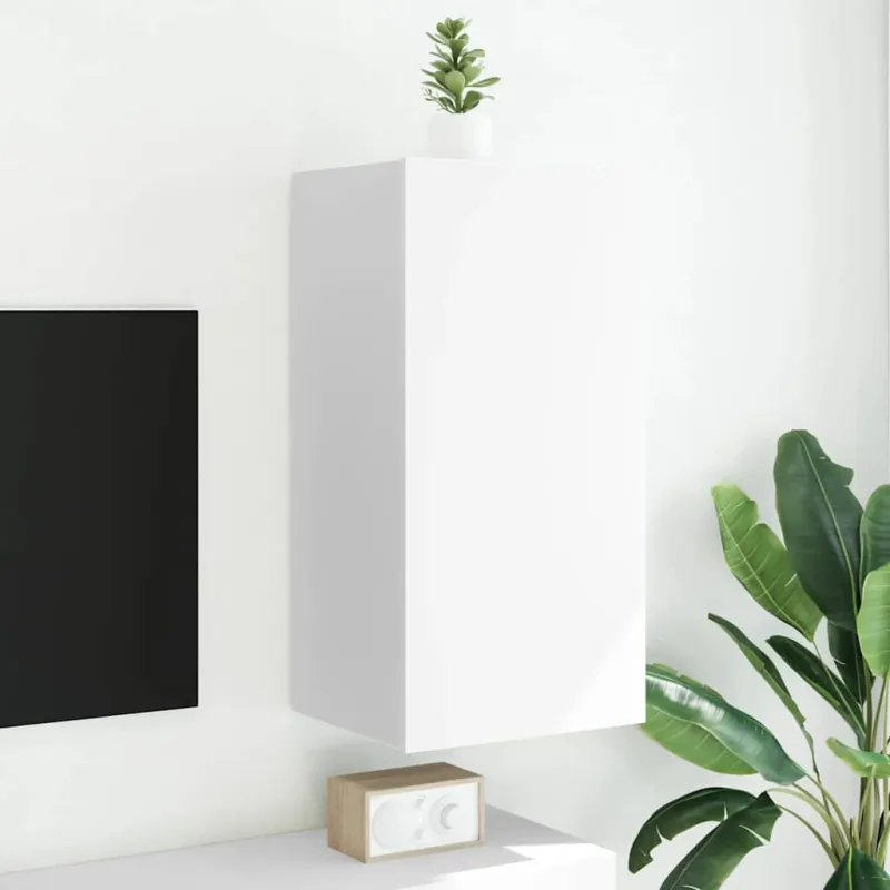 Sieninė TV spintelė su LED lemputėmis, balta, 40,5x35x80cm