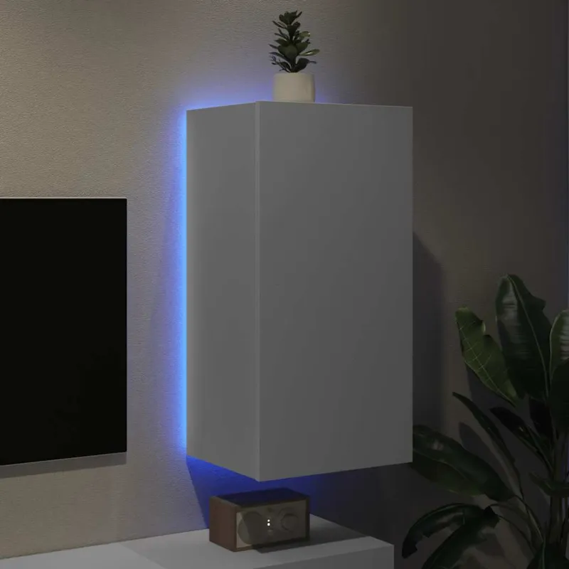 Sieninė TV spintelė su LED lemputėmis, balta, 40,5x35x80cm