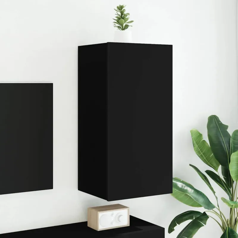 Sieninė TV spintelė su LED lemputėmis, juoda, 40,5x35x80cm