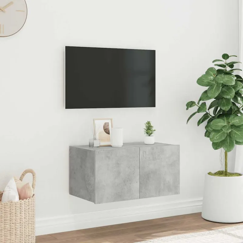 Sieninė TV spintelė su LED lemputėmis, betono pilka, 60x35x31cm